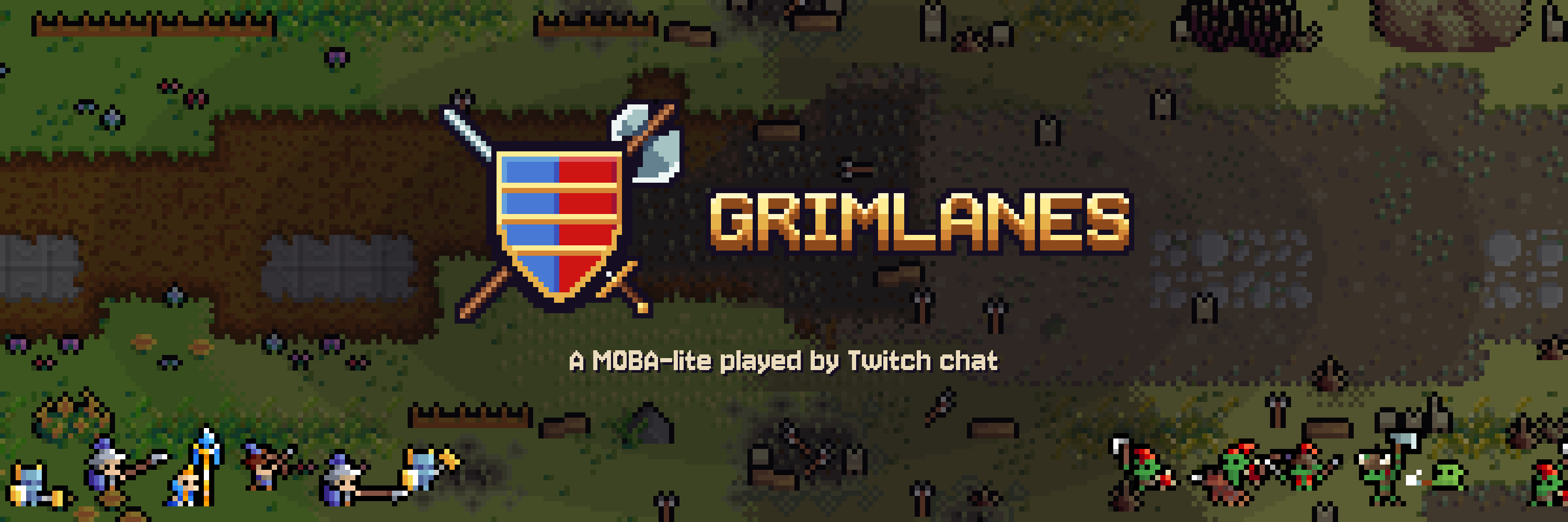 The Grimlanes crest and name over the battlefield, Humans on the left and Orcs on the right, with the line: A MOBA-lite played by Twitch chat